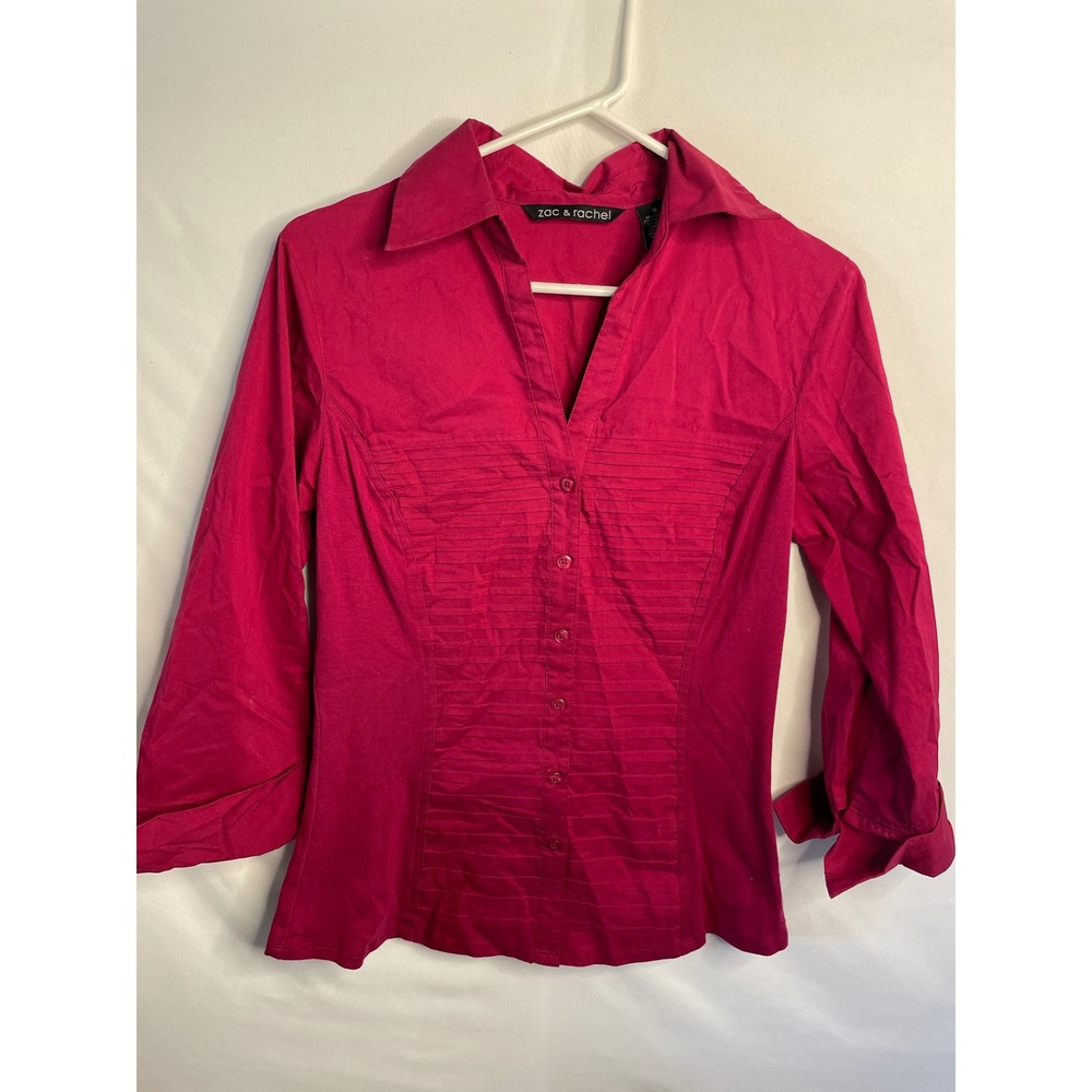 Zac & Rachel Magenta Pink Ultimate Fit Pintuck 3/4 Sleeve Button Front Shirt M